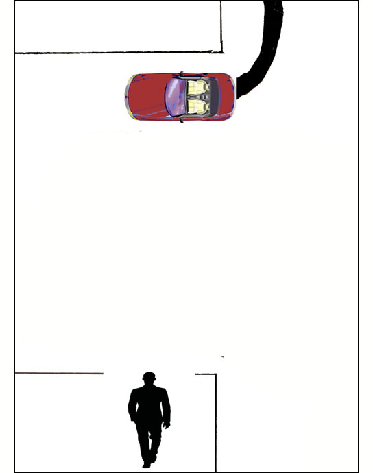 Drawing shows a pedestrian at a corner facing north with the parallel street on his right.  A car is on the parallel street going south and turning right to cross the pedestrian's crosswalk.
